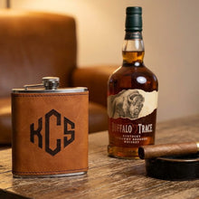 Load image into Gallery viewer, Woodwrx Personalized 6oz. Hip Flasks with Leatherette Sleeve