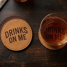Load image into Gallery viewer, Woodwrx "Drinks On Me" Leatherette 4" Coaster set of 4
