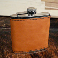 Load image into Gallery viewer, Woodwrx Personalized 6oz. Hip Flasks with Leatherette Sleeve
