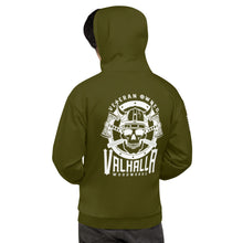 Load image into Gallery viewer, Valhalla Woodworks Hoodie White on Olive.
