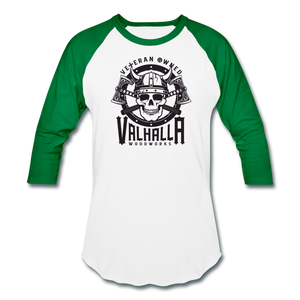 Valhalla Woodworks Baseball T-Shirt (front only) - white/kelly green