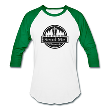 Load image into Gallery viewer, Send Me Woodworks 3/4 Sleeve Raglan T-Shirt - white/kelly green
