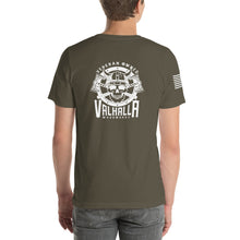 Load image into Gallery viewer, Valhalla Woodworks Premium T-Shirt (front and back logo, sleeve flag)
