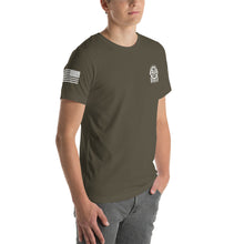 Load image into Gallery viewer, Valhalla Woodworks Premium T-Shirt (front and back logo, sleeve flag)

